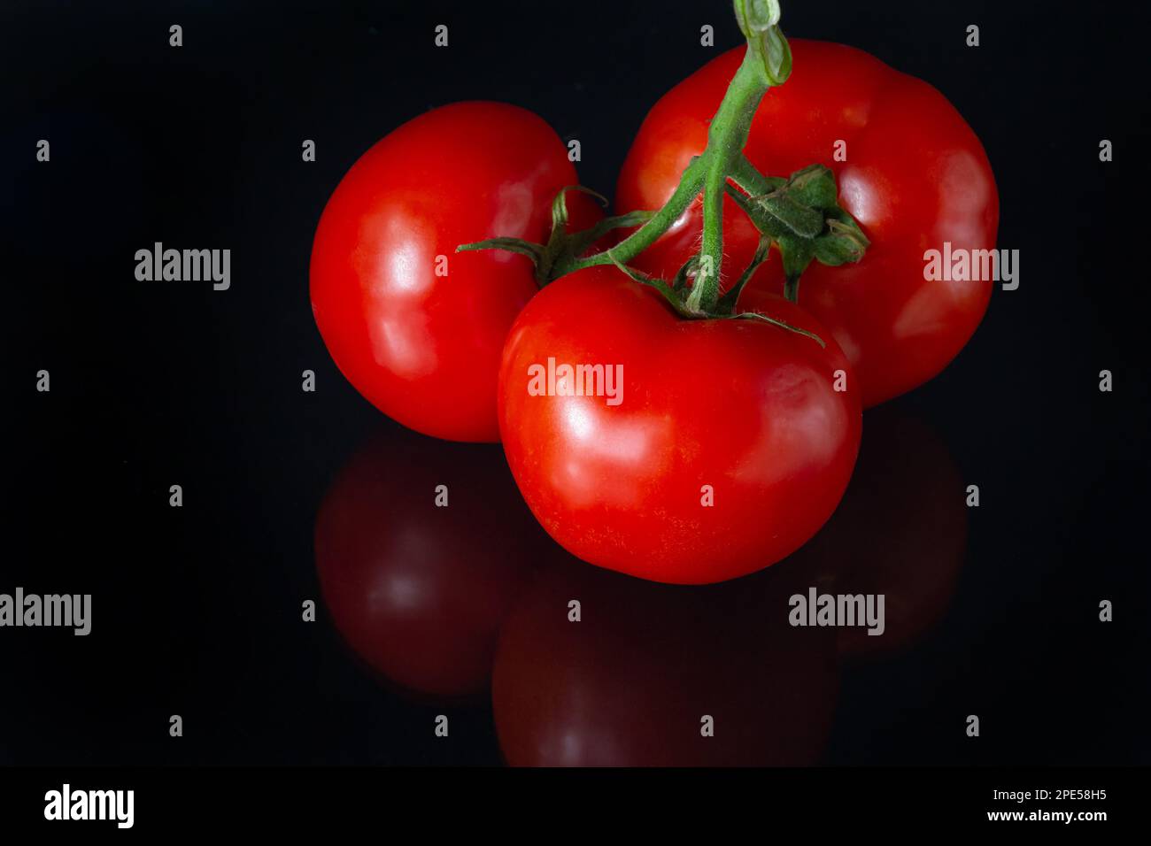 Rote reife Tomaten mit leuchtenden Wassertropfen. Frische appetitanregende natürliche Antioxidantien in leckeren Tomaten. Ein Haufen Tomaten, isoliert auf schwarzem Rücken Stockfoto