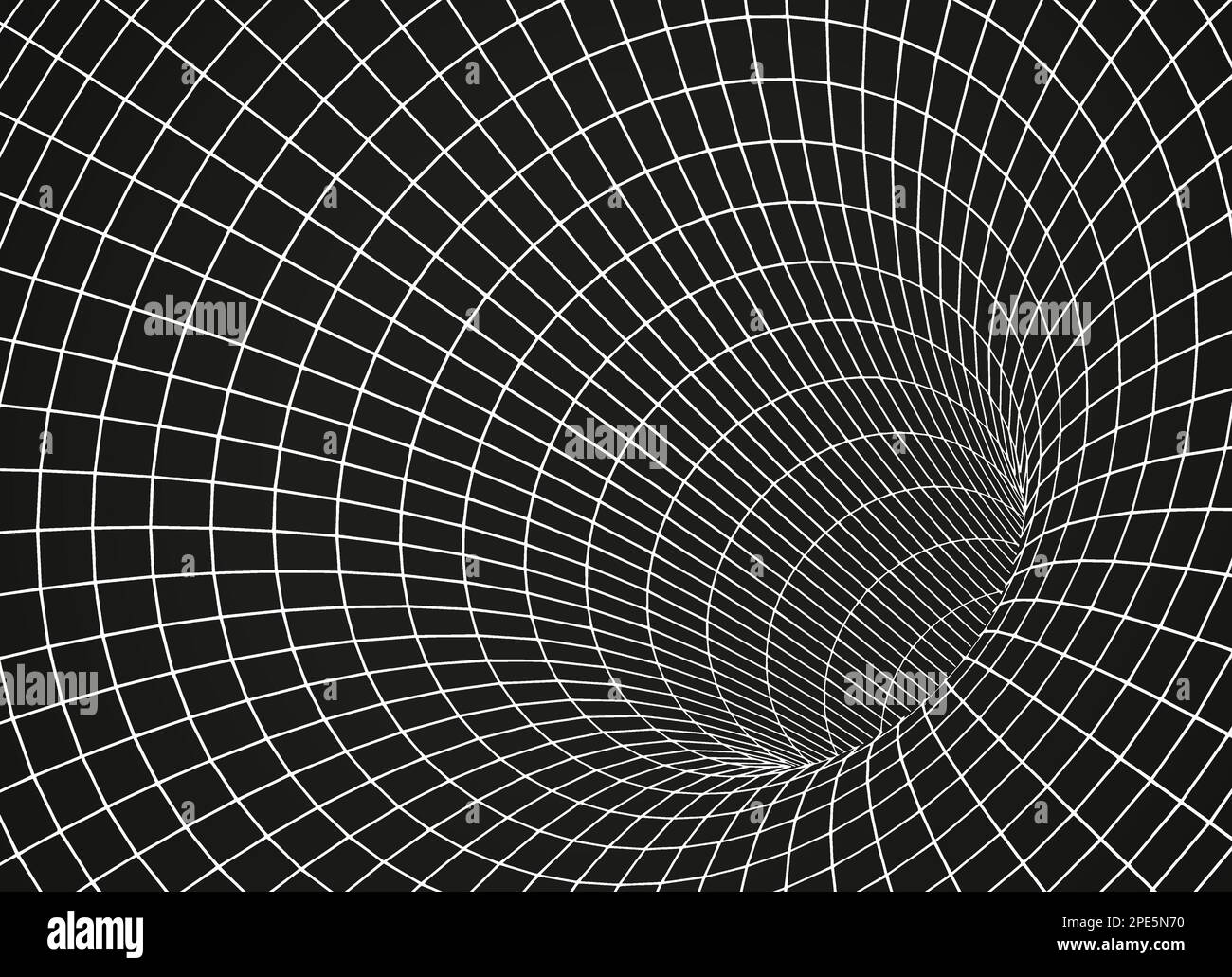 Weißes Drahtmodell-Wurmloch auf schwarzem 3D-Trichter oder Portal. Grafische Illusion von Gitterloch, Linienverzug, abstrakte geometrische Netzvektordarstellung auf dunklem Hintergrund Stock Vektor