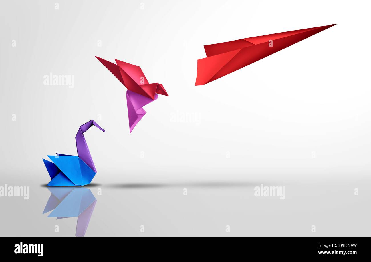 Transformation und Erfolg oder Erfolg Transformation und Verbesserung als führende Position im Unternehmen durch Innovation und Entwicklungskonzept mit Papier Origami Stockfoto