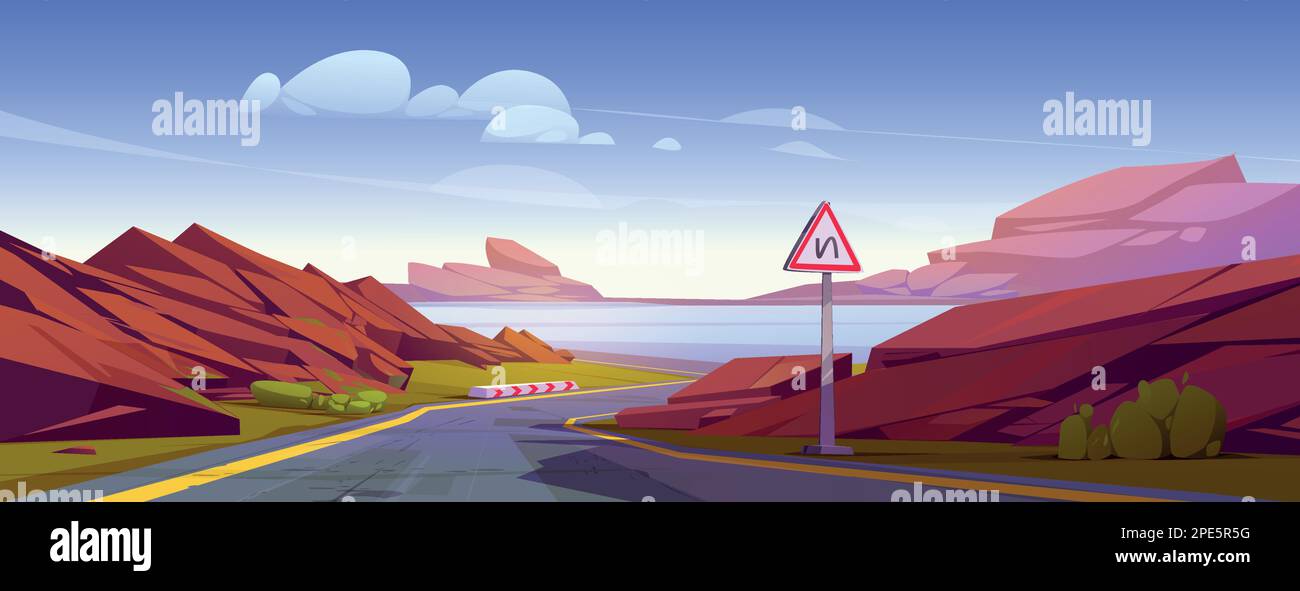 Gewundene Autobahn mit Berg- und Seenlandschaft. Vektor-Cartoon-Darstellung von Asphaltstraße zum Fluss, Warnschild, Felsen am Horizont, blauer Himmel mit flauschigen Wolken. Reiseabenteuer Stock Vektor