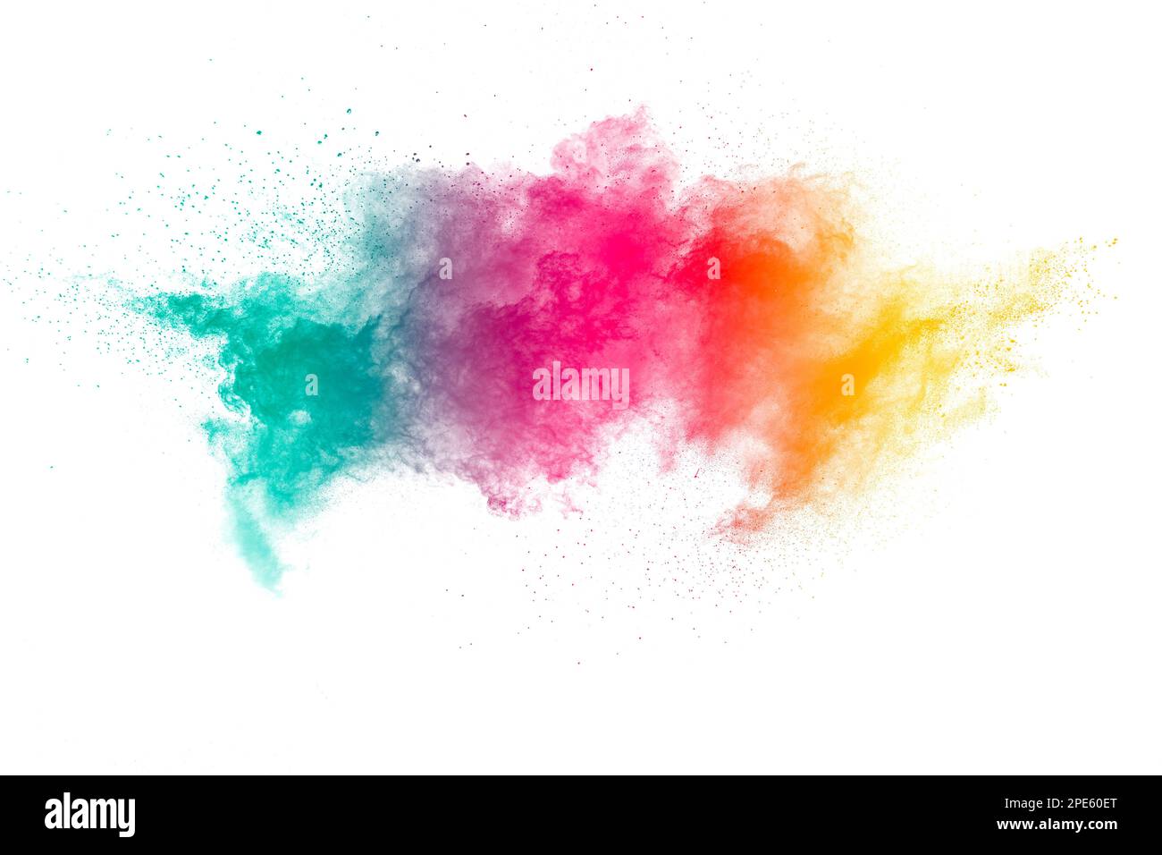 Gelb-rote und grüne Staubexplosion auf weißem Hintergrund. Rot-gelbes und grünes Pulver spritzen. Stockfoto