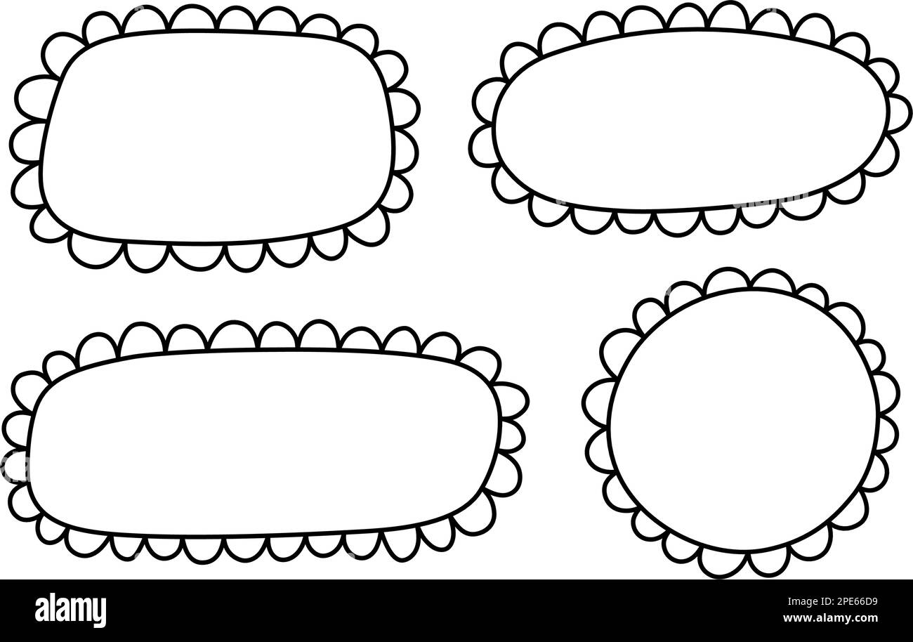 Doodle Circle und quadratische Muschelrahmen. Handgezeichnete Rechteck- und Ellipsenformen mit ausgekrümmten Kanten. Einfaches Etikettenformular. Rahmen aus Blumenspitze Stock Vektor