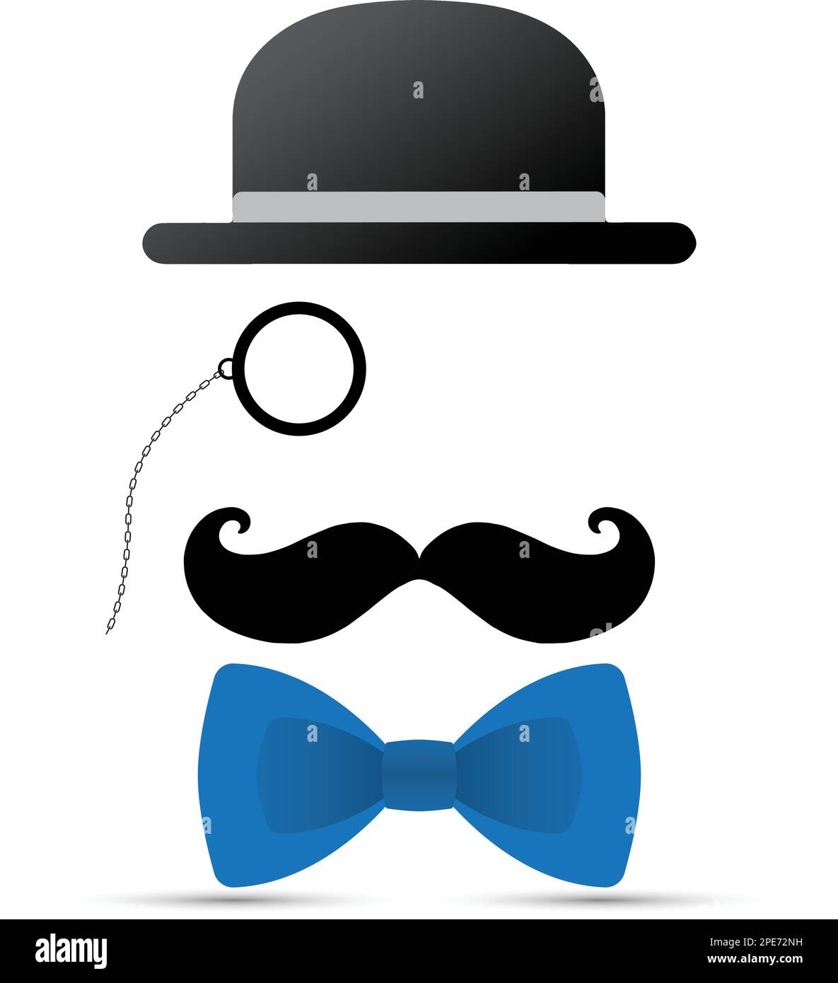 Schwarzer Schnurrbart, Monokel, Hut und blaue Fliege auf weißem Hintergrund Stock Vektor