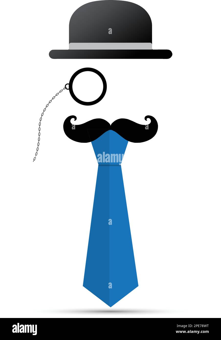 Schwarzer Schnurrbart, Monokel, Hut und blaue Krawatte auf weißem Hintergrund Stock Vektor