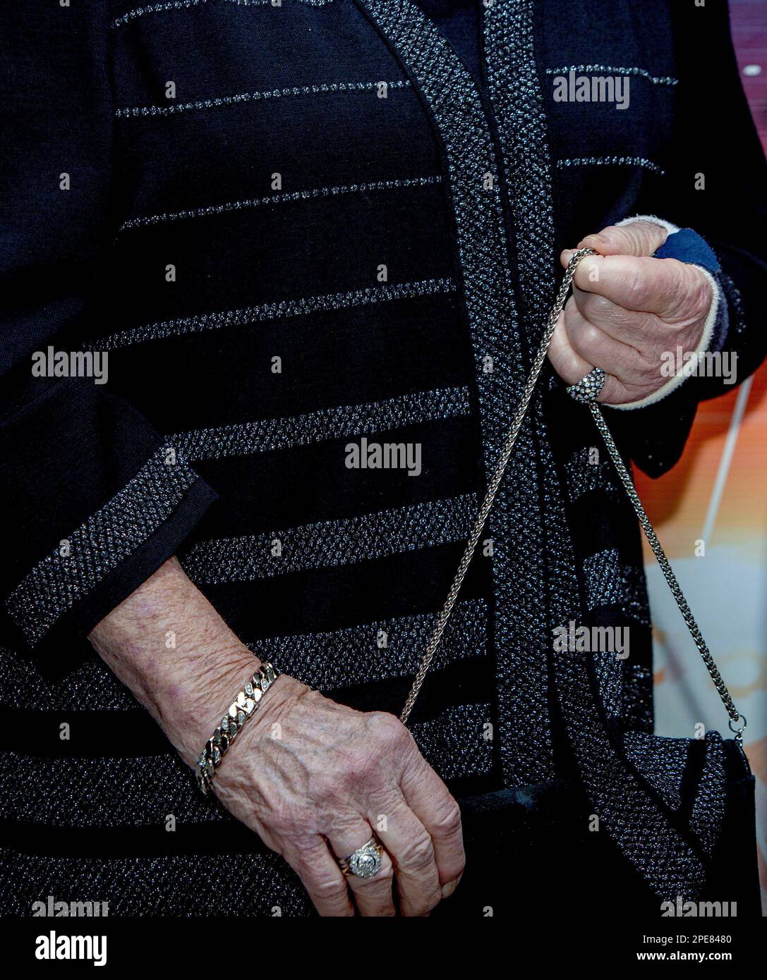 Papendrecht, Niederlande. 15. März 2023. Prinzessin Beatrix aus den Niederlanden (brach sich beim Skifahren in Lech das Handgelenk) im Auditorium Boskalis in Papendrecht am 15. März 2023, um an der Präsentation des sechsten Prinzen Friso Ingenieursprijs für den Ingenieur des Jahres teilzunehmen. Credit: Albert Nieboer/Netherlands OUT/Point de Vue OUT/dpa/Alamy Live News Stockfoto