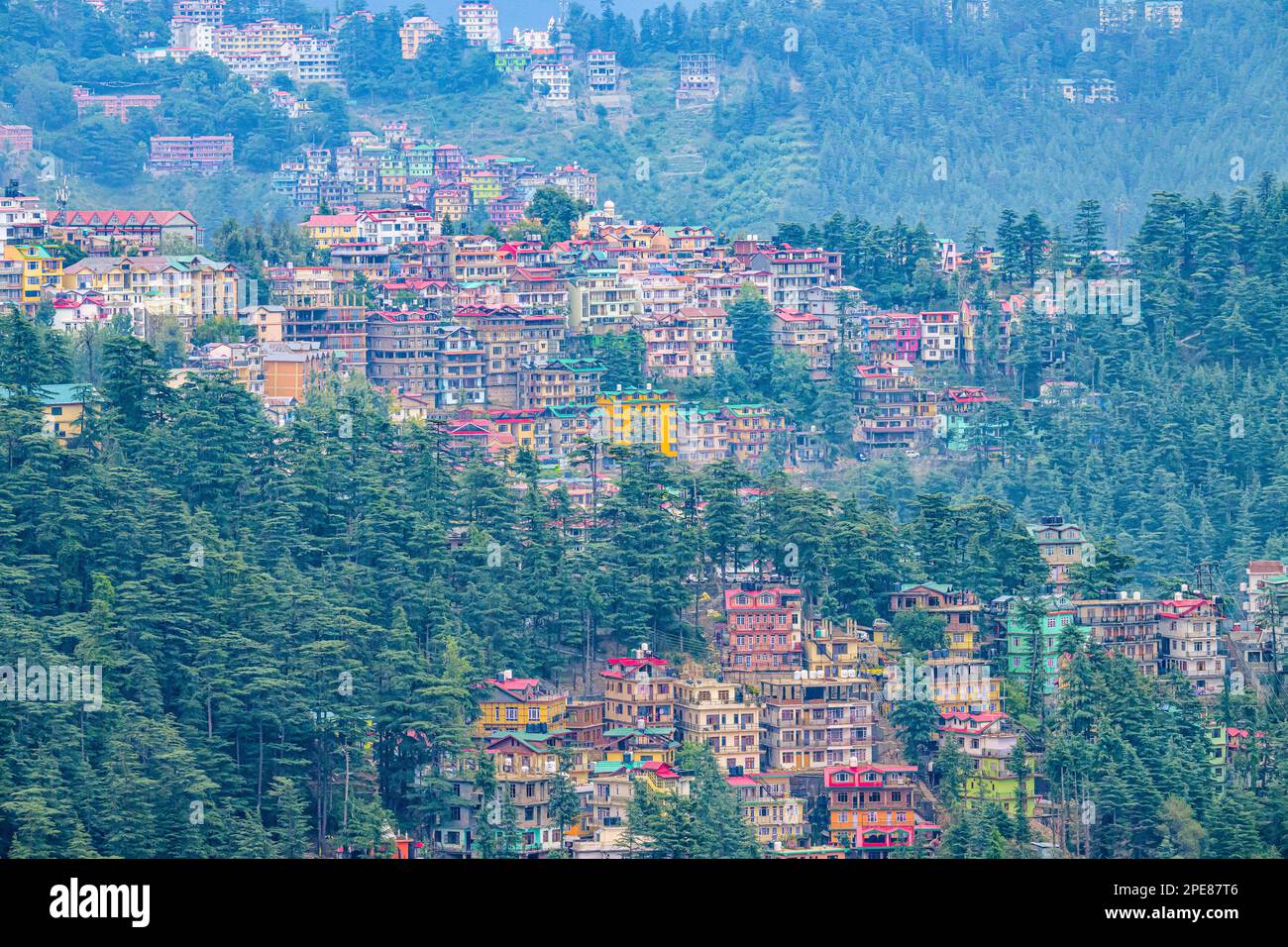 Abgestufte Wohnungen am Berghang in Shimla, Himachal Pradesh, Indien Stockfoto