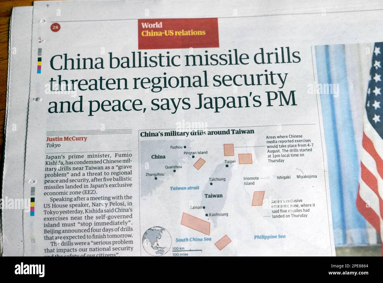 „Ballistische Raketenübungen in China bedrohen regionale Sicherheit und Frieden“, so der japanische Premier Guardian am 6. August 2022 in London UK Stockfoto