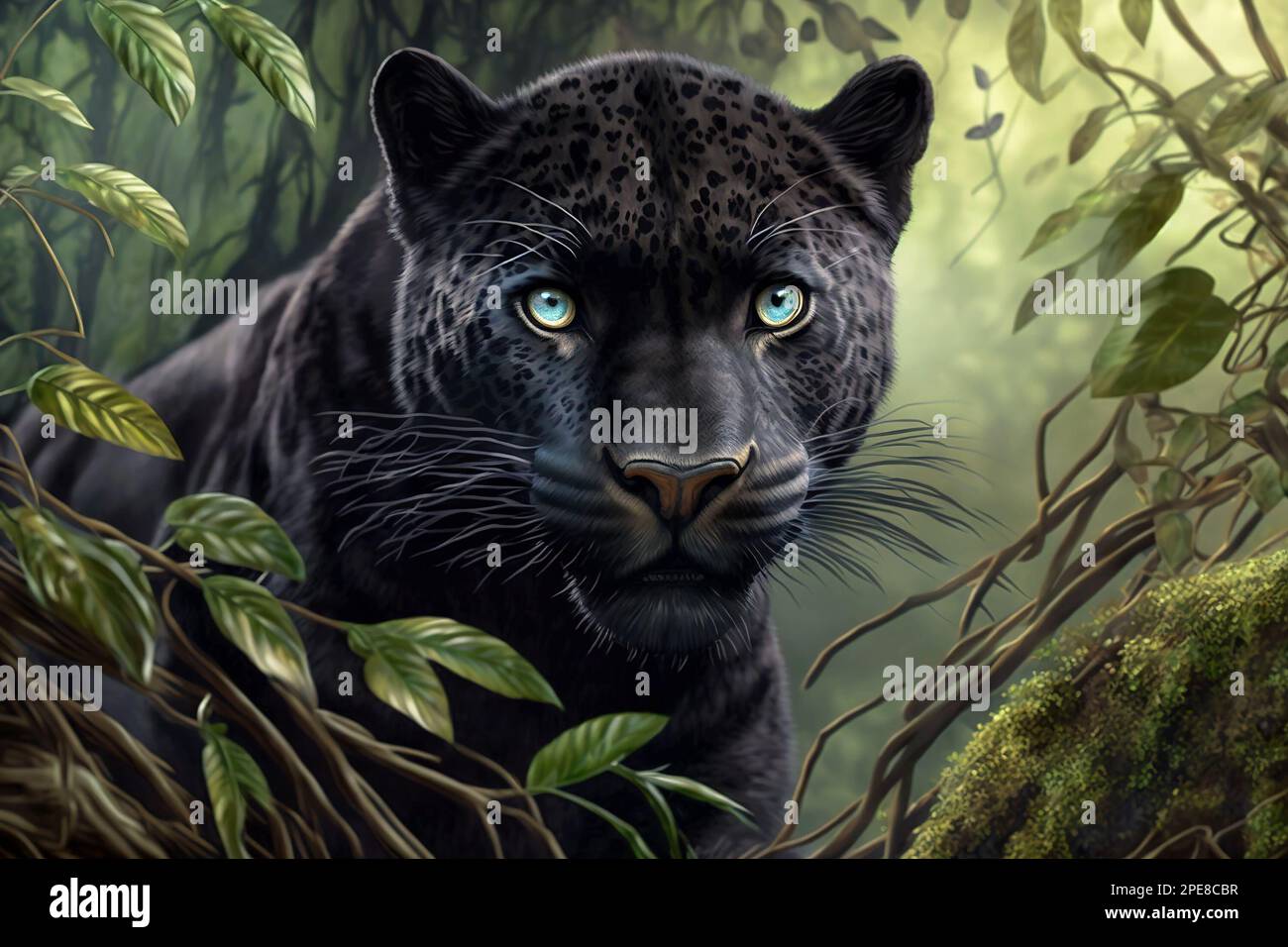 Schwarzer Panther schaut im Dschungel auf die Kamera, wilder jaguar Look, Illustration, generative KI. Große Katze, schwarzer Leopard in Wildtieren. Konzept des Raubtieres, puma, Stockfoto