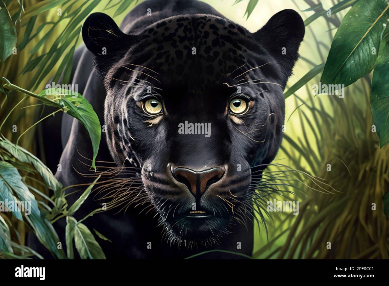 Panther Porträt Nahaufnahme, Gesicht eines wilden schwarzen jaguar im Dschungel, Illustration, generative KI. Große Katze, schwarzer Leopard in Wildtieren. Das Konzept des Raubtieres, Stockfoto