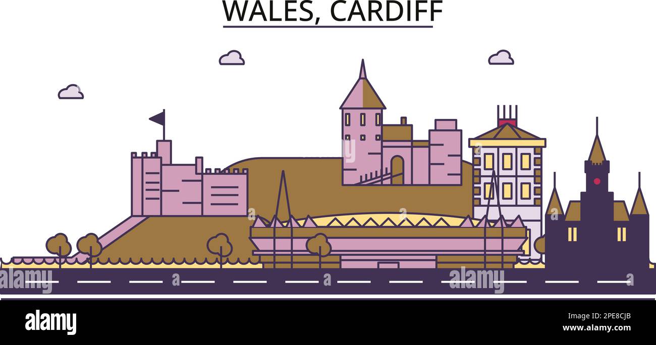 Großbritannien, Sehenswürdigkeiten des Tourismus in Cardiff, Vector City Travel Illustration Stock Vektor