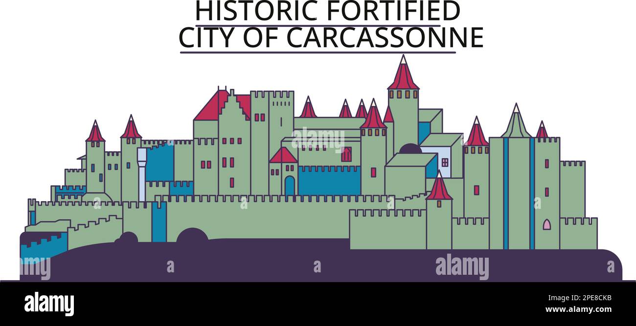 Frankreich, Carcassonne City Tourismus Wahrzeichen, Vektorstadt Reise Illustration Stock Vektor