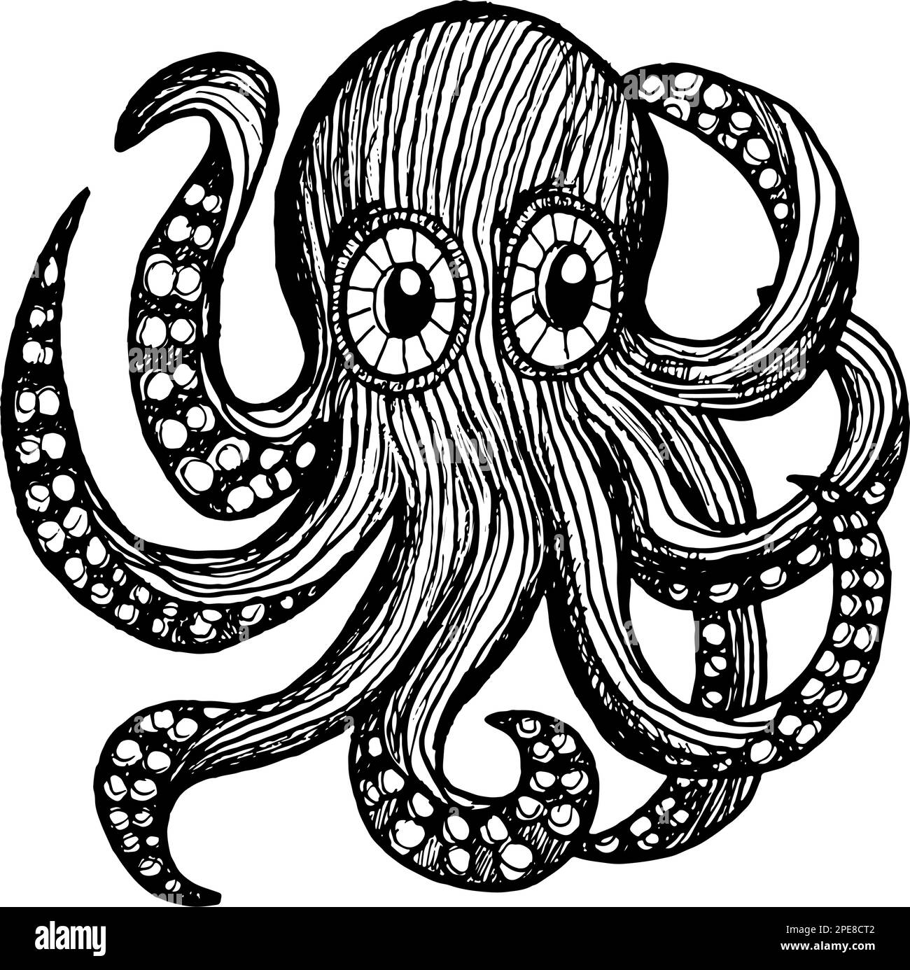 Octopus Character – handgezeichnete Skizze im Retro-Stil im Vintage-Stil Stock Vektor