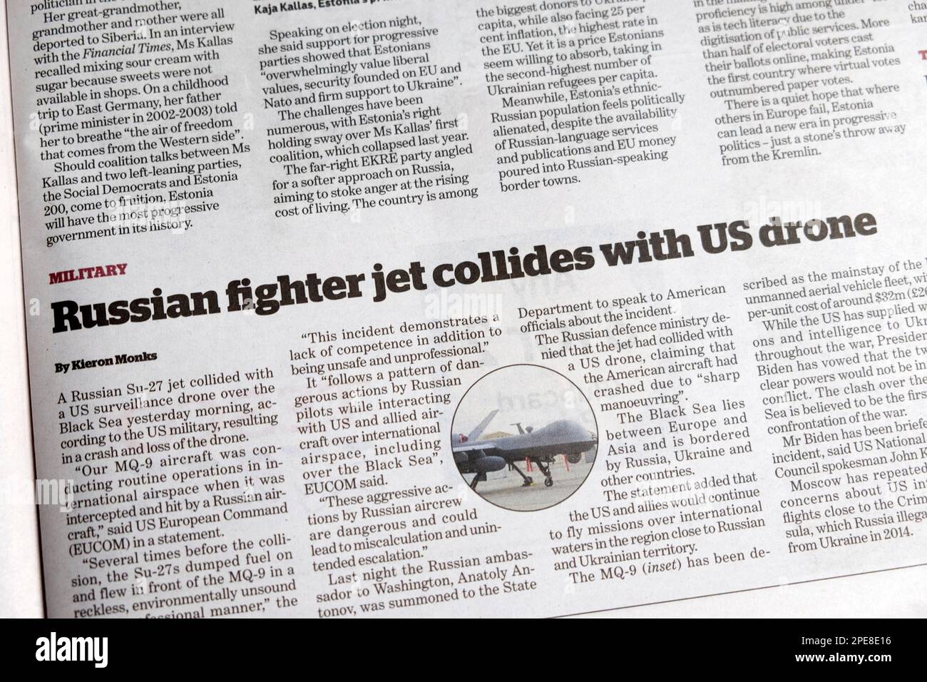 "Russischer Kampfjet kollidiert mit US-Drohne", schlagzeile Militärartikel 15. März 2023 London England UK Stockfoto