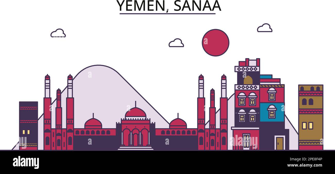 Jemen, Sanaa Touristenattraktionen, Vektorstadtfoto Stock Vektor