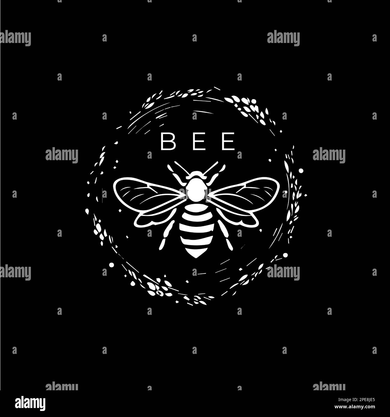 Minimalistisches Hive-Logo-Template, weißes Symbol der Bienensilhouette auf schwarzem Hintergrund, modernes Hummel-Logo-Konzept, Skizze, Tattoo. Vektor Stock Vektor