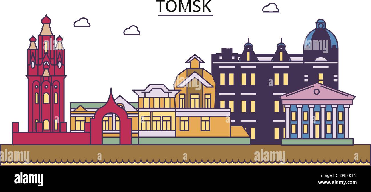 Russland, Tomsk Tourismus Wahrzeichen, Vector City Reise Illustration Stock Vektor