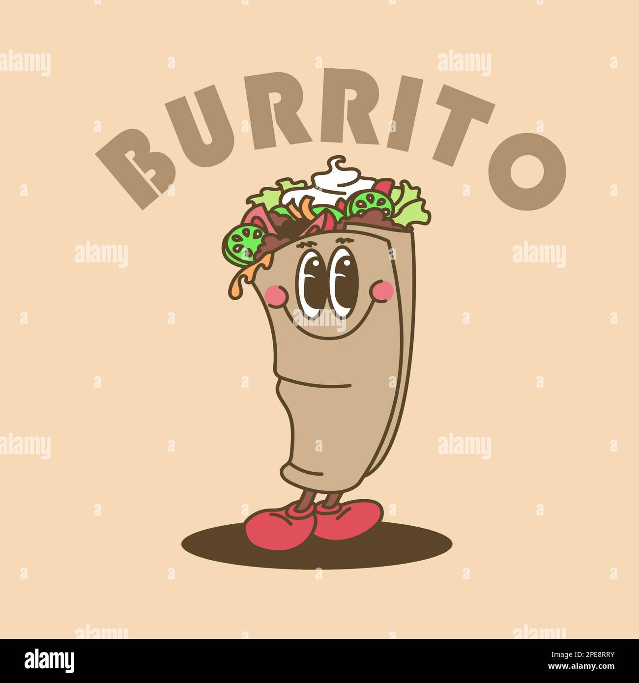 Abbildung eines fröhlichen, lächelnden Burrito. Fastfood. Ich Gehe. Stockfoto