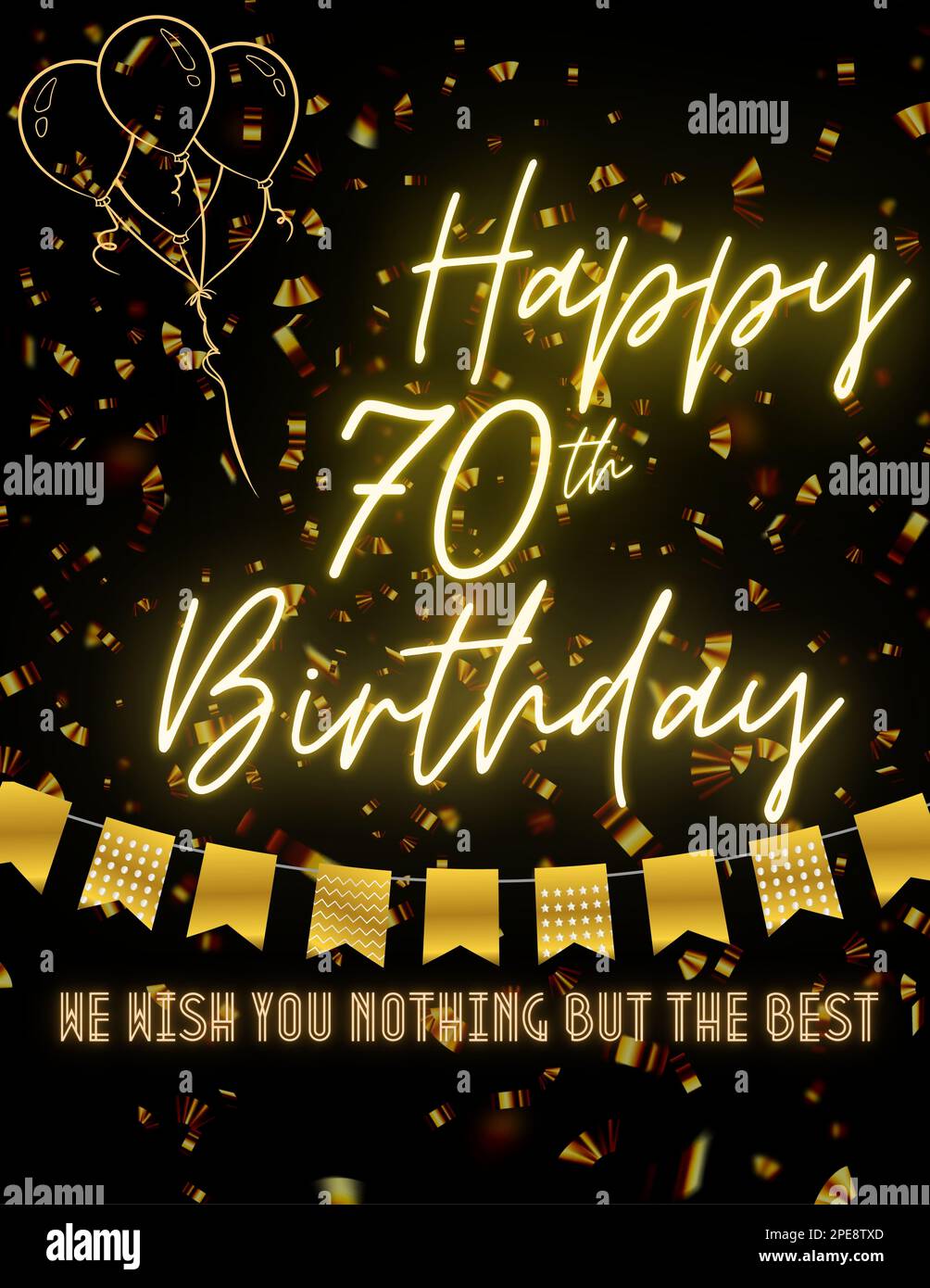 HAPPY 70. BIRTHDAY Schwarze goldene Karte Einladung zur Feier. Premium, Luxus, Design, einzigartig. Wir wünschen Ihnen nur das Beste. Stockfoto