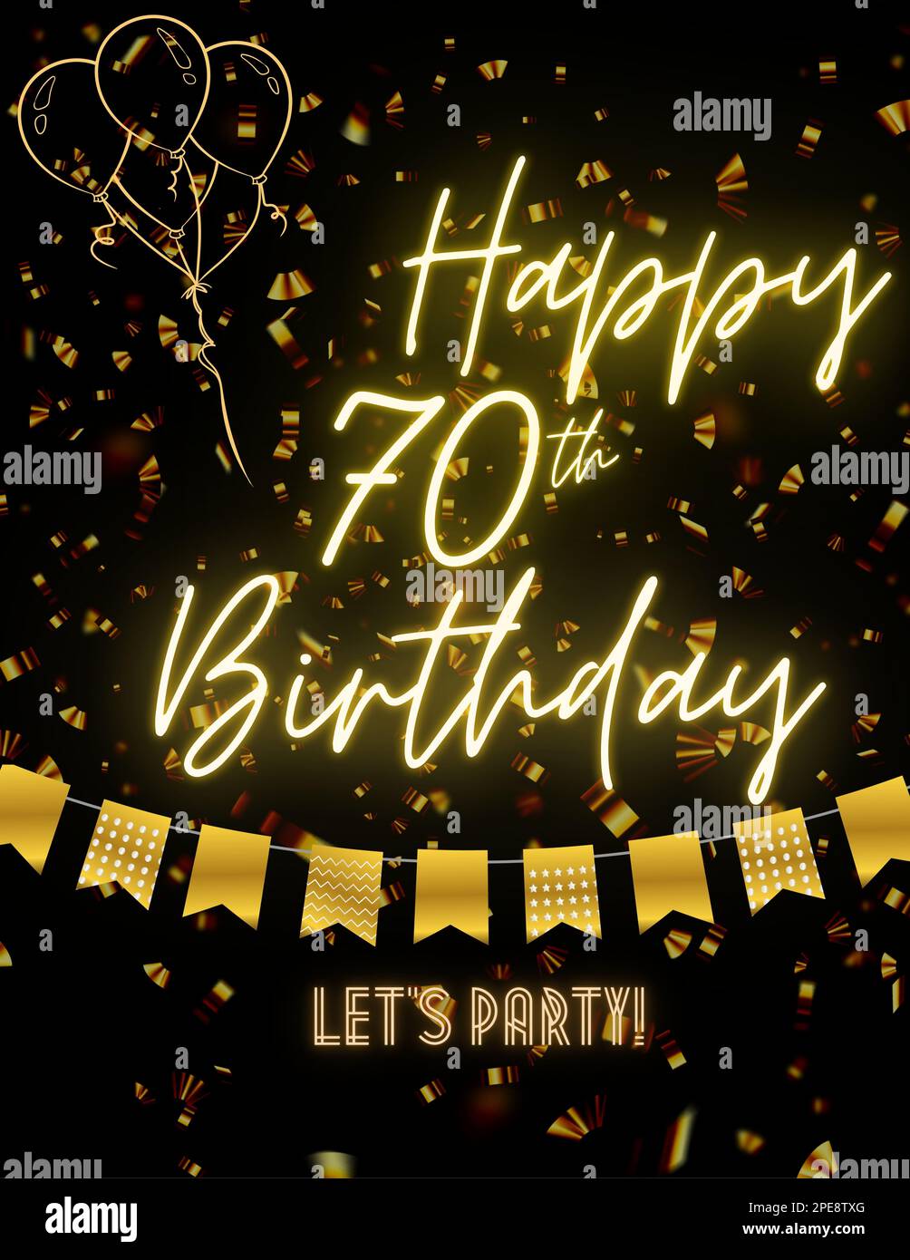 HAPPY 70. BIRTHDAY Schwarze goldene Karte Einladung zur Feier. Premium, Luxus, Design, einzigartig. Lasst uns feiern! Stockfoto