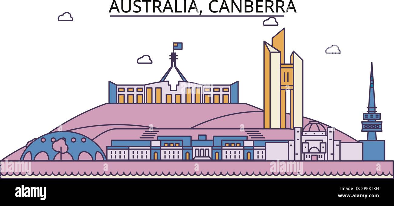 Australien, Canberra Touristenattraktionen, Vector City Travel Illustration Stock Vektor