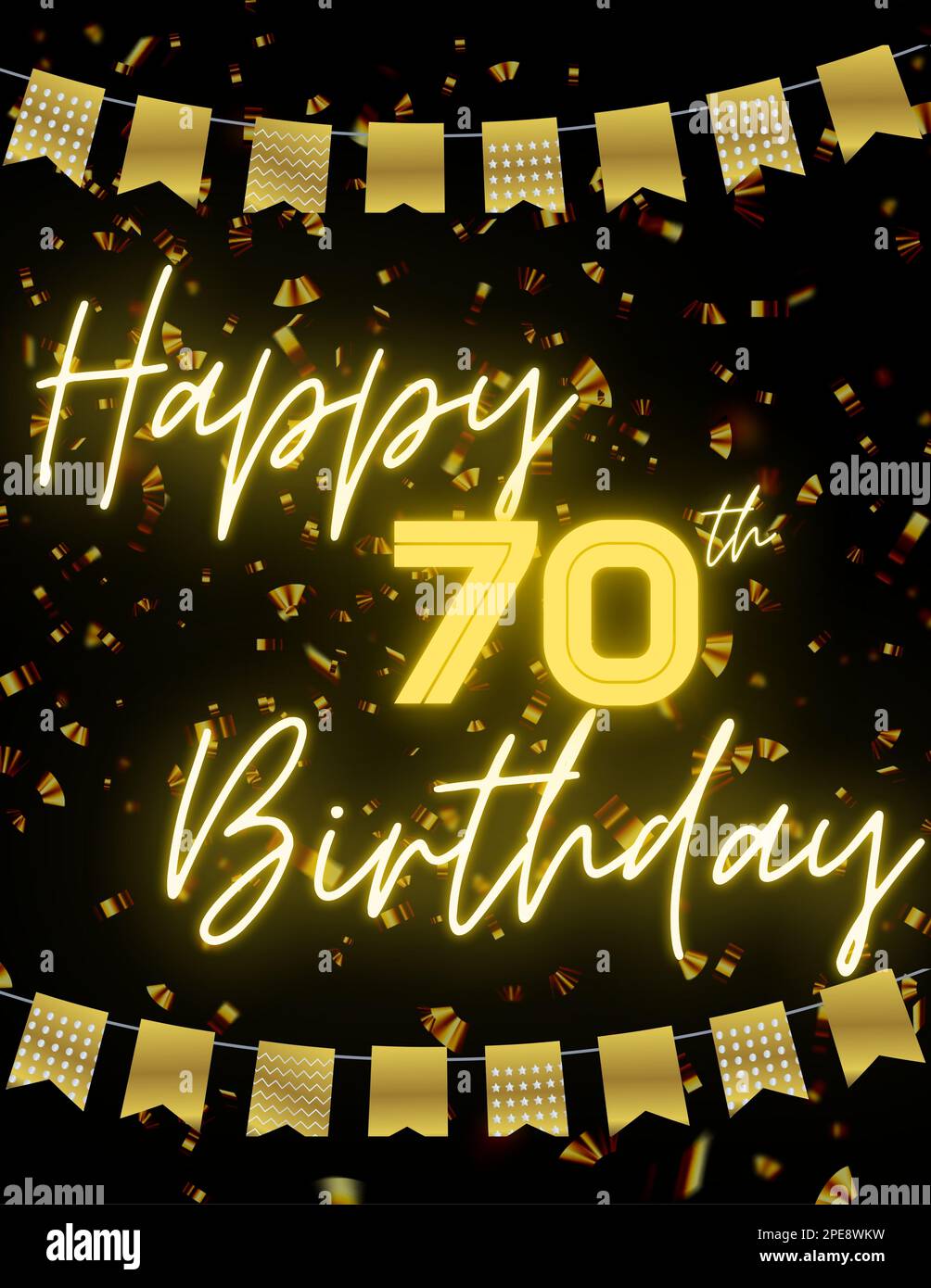 HAPPY 70. BIRTHDAY Schwarze goldene Karte Einladung zur Feier. Premium, Luxus, Design, einzigartig. Wir wünschen Ihnen nur das Beste. Stockfoto