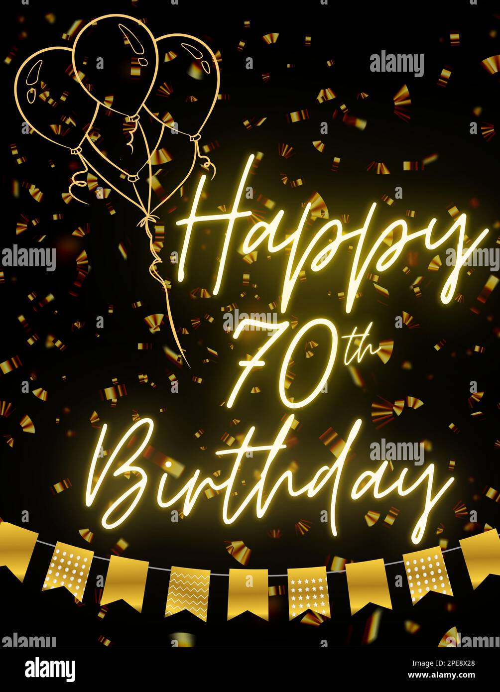HAPPY 70. BIRTHDAY Schwarze goldene Karte Einladung zur Feier. Premium, Luxus, Design, einzigartig. Stockfoto