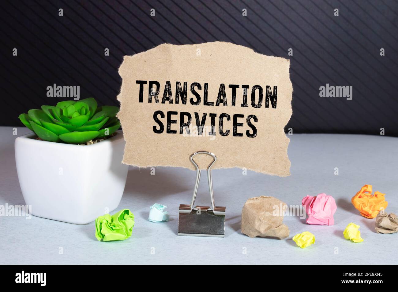 Auf hellem Hintergrund, goldgerahmte Gläser, eine Blume im Topf, ein grünes Notizbuch, ein roter Stift und ein braunes Notizbuch mit den TEXTÜBERSETZUNGSDIENSTEN. Bu Stockfoto