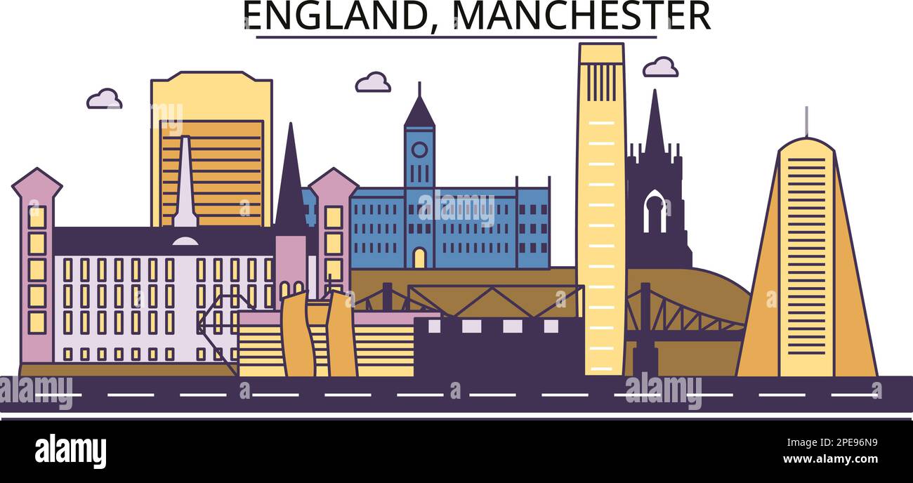 Großbritannien, Manchester Tourism Landmarks, Vector City Travel Illustration Stock Vektor