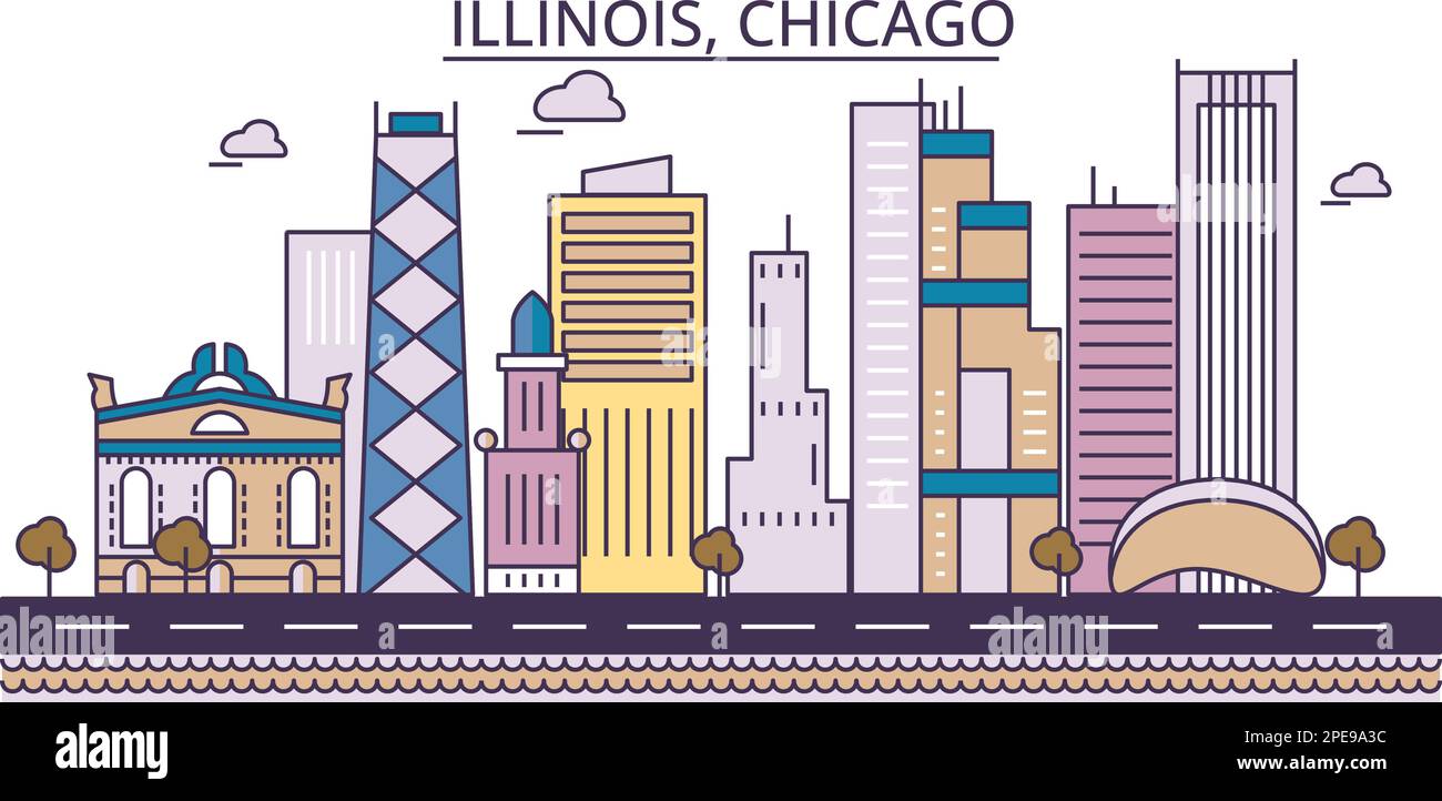 USA, Chicago Tourismus Wahrzeichen, Vector City Travel Illustration Stock Vektor