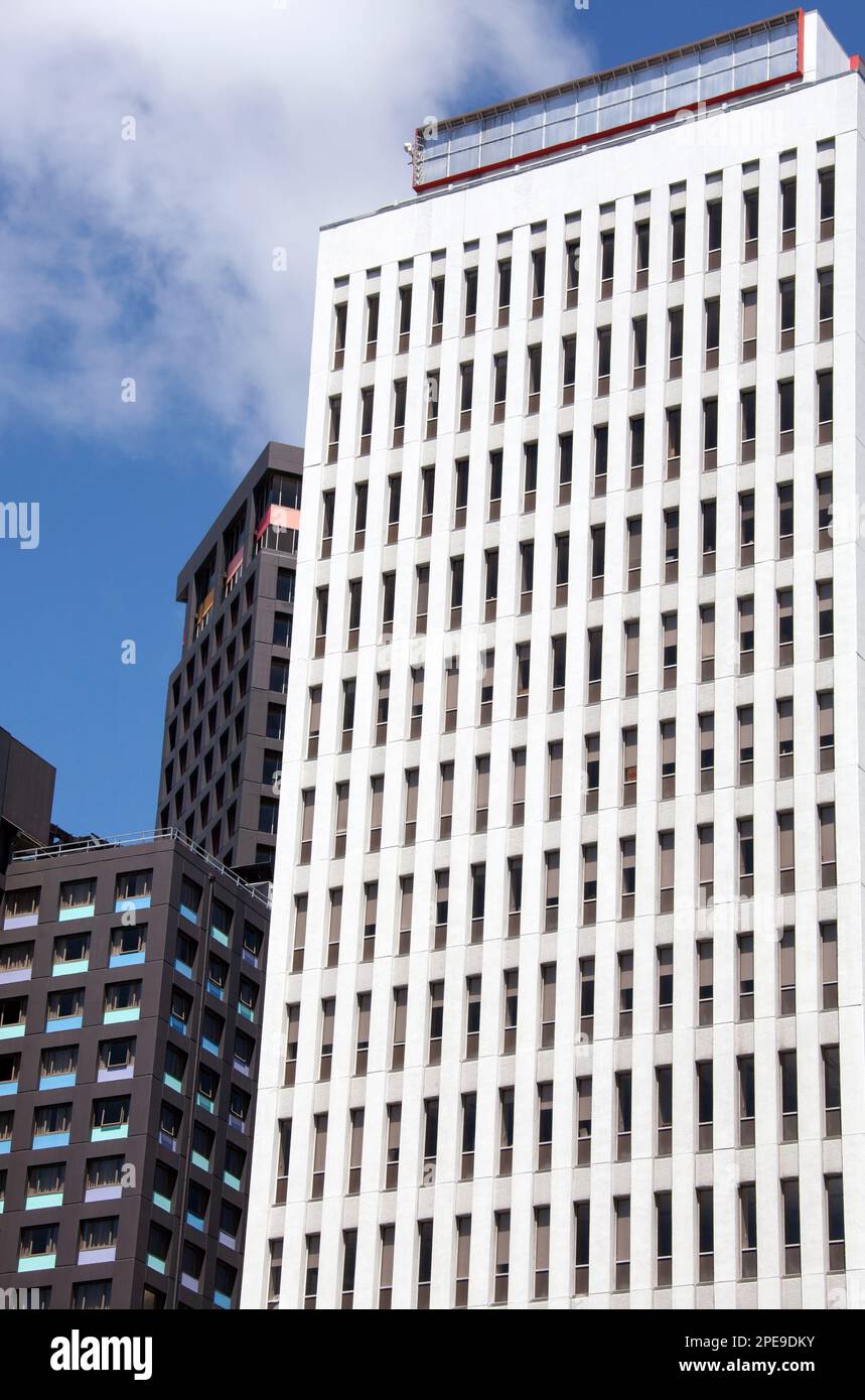 Der abstrakte Blick auf kontrastierende weiße moderne Wolkenkratzer mit schmalen Fenstern in der Innenstadt von Wellington (Neuseeland). Stockfoto