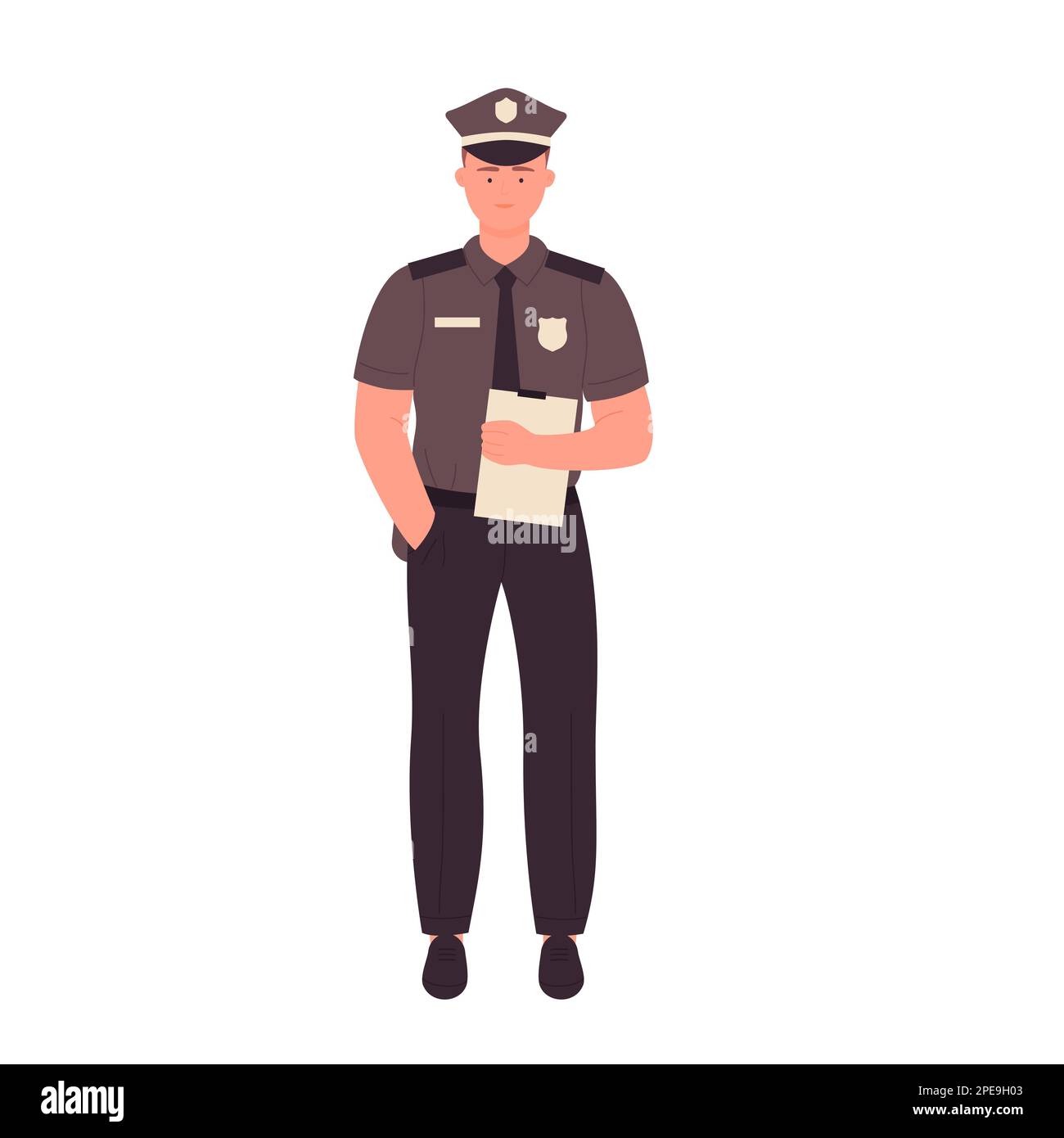 Der Polizist hat einen Bericht. Stehender Polizist mit Hand in Tasche Vektordarstellung Stock Vektor
