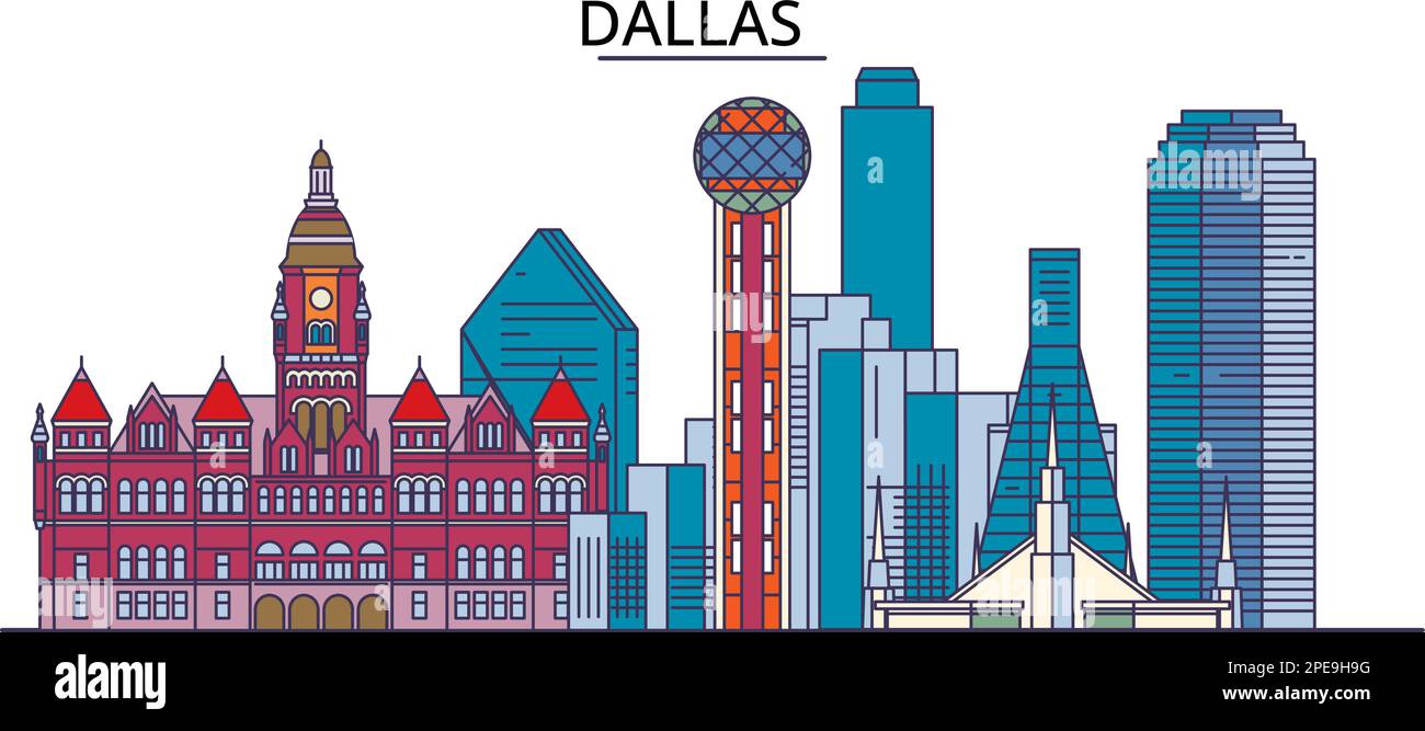 USA, Sehenswürdigkeiten von Dallas City, Reiseführer der Stadt Stock Vektor