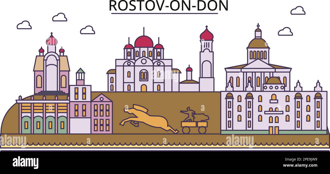 Russland, Rostov auf Don Tourismus Wahrzeichen, Vektorstadt Reise Illustration Stock Vektor