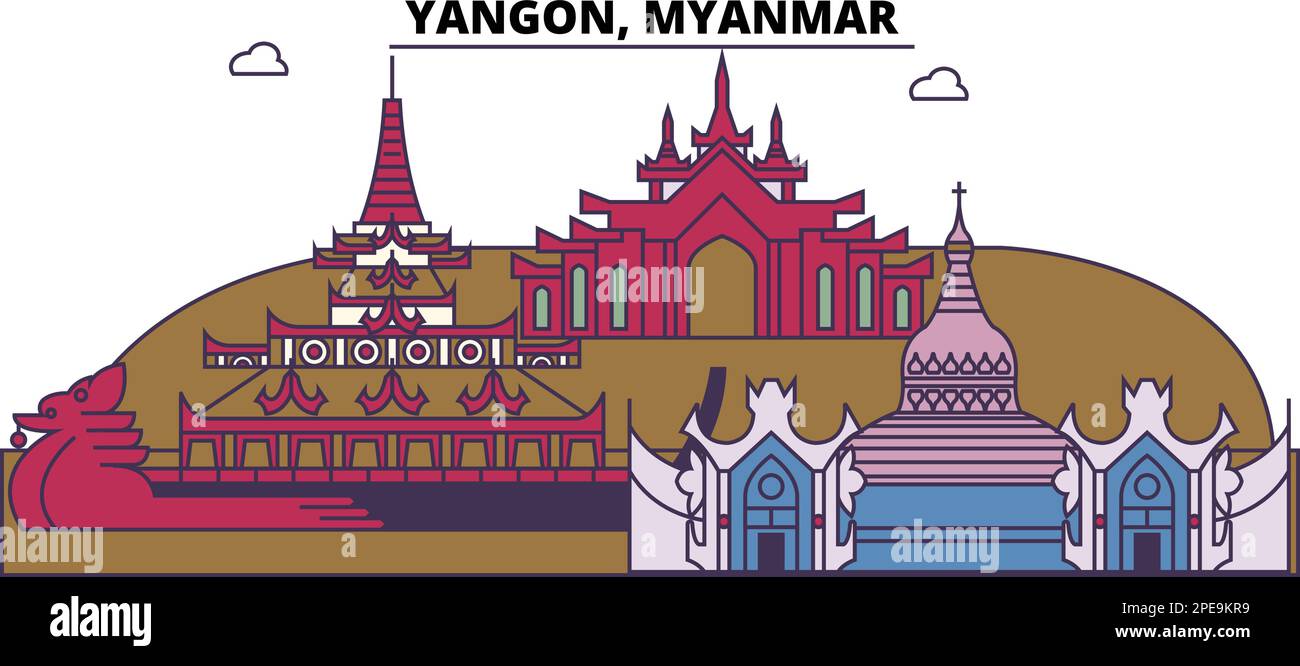 Myanmar, Yangon Tourismus Wahrzeichen, Vektorstadt Reise Illustration Stock Vektor