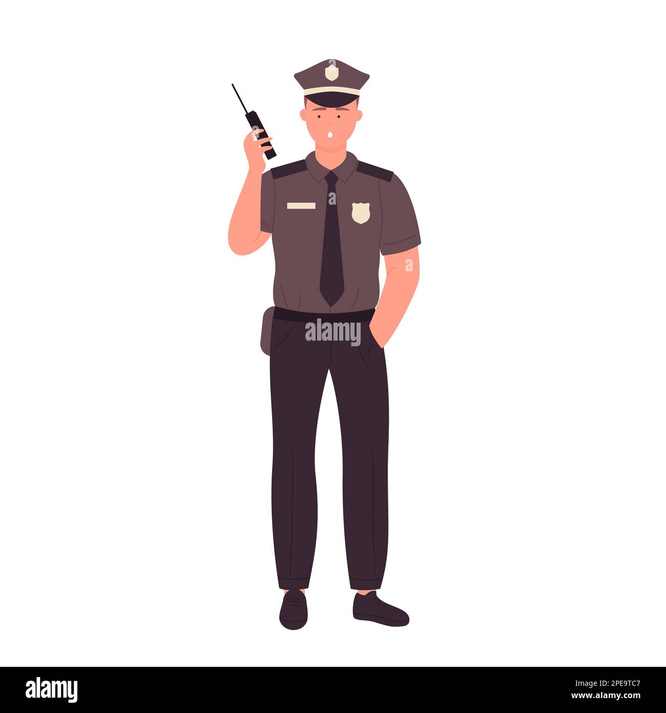 Polizist mit Walkie-Talkie. Funktionierender Polizist, Polizist in Uniform-Vektordarstellung Stock Vektor