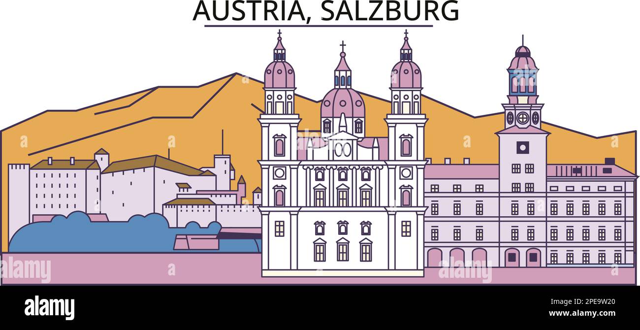 Österreich, Salzburg Touristenattraktionen, Vektorstadtfoto Stock Vektor