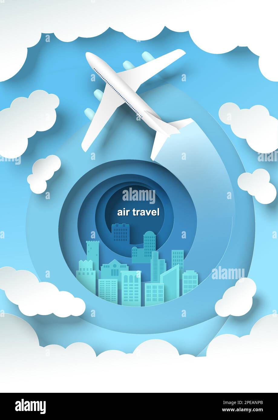 Flugreisevektor mit Flugzeug, das über das Stadtbild fliegt Stock Vektor