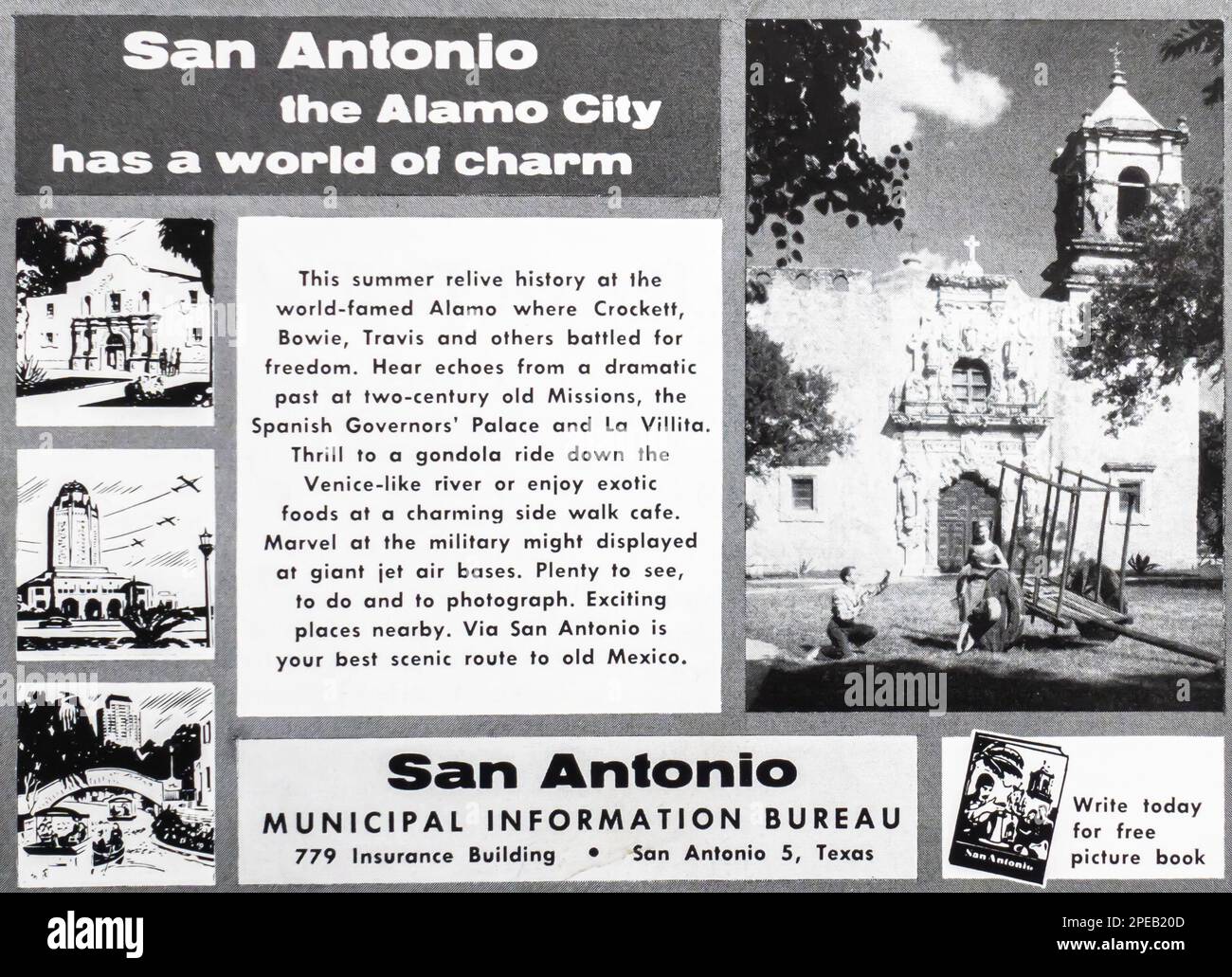 Anzeige für Reiseziele in San Antonio Texas in einem Magazin in NatGeo Juni 1956 Stockfoto