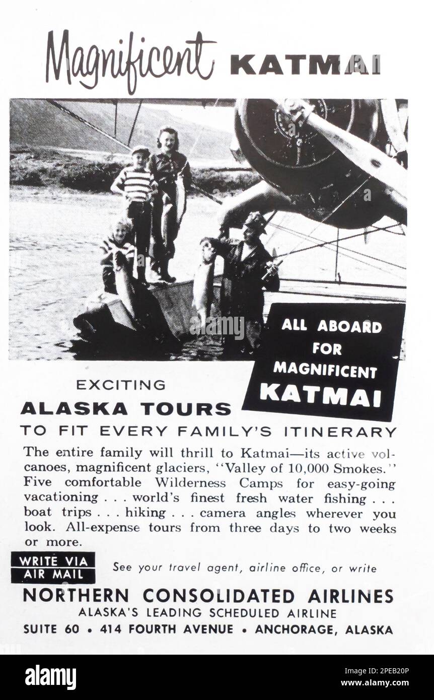 Alaska Airline – Northern Consolidated Airlines Werbeanzeige in einem NatGeo Magazin Juni 1956 Stockfoto