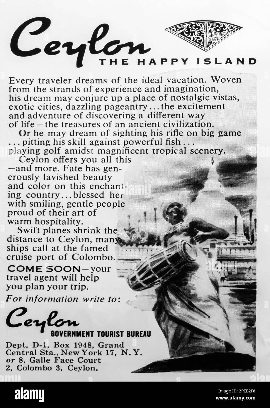 Ceylon Travel Advert in einem NatGeo Magazin Juni 1956 Stockfoto