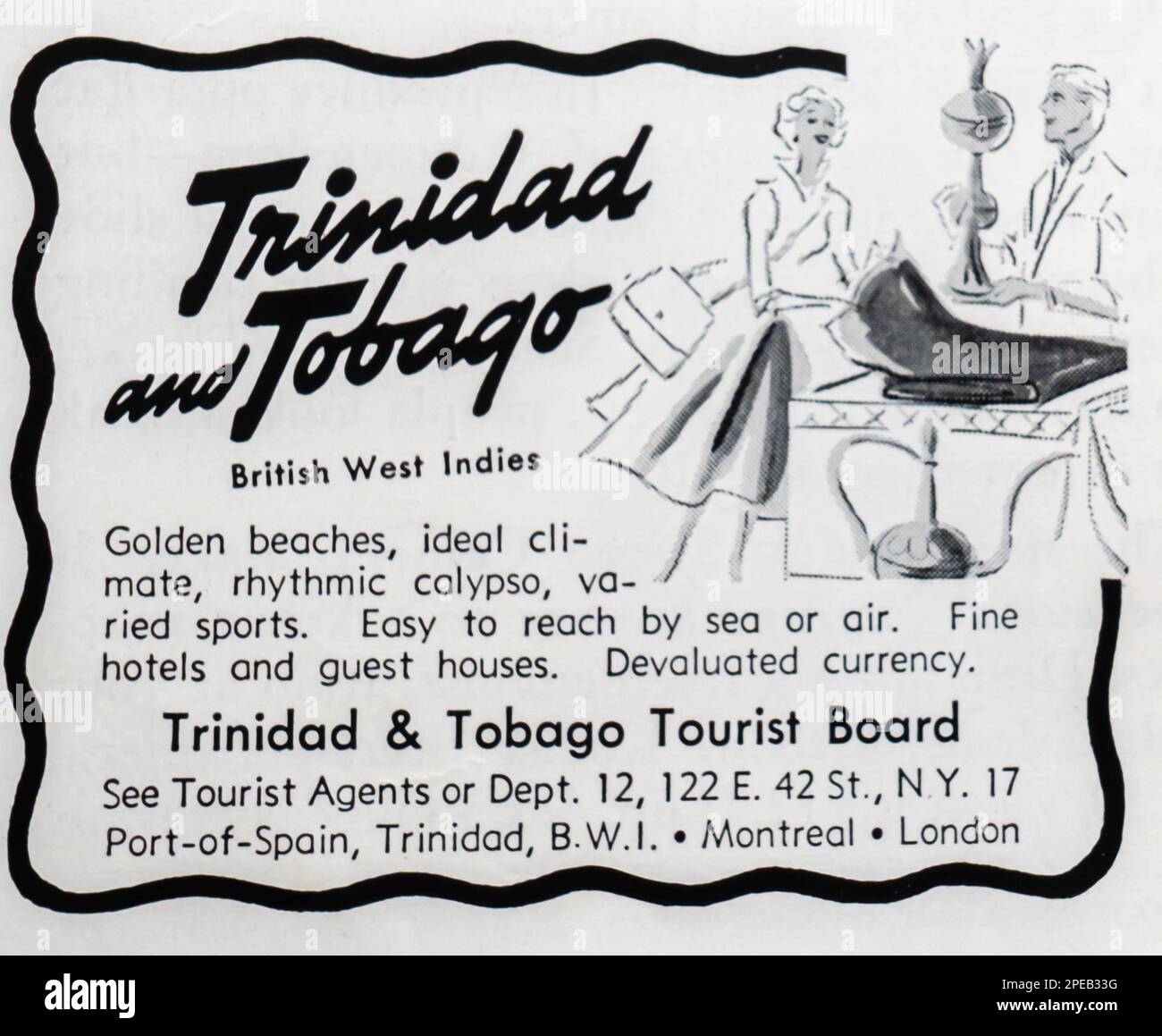 Tourismuswerbung von Trinidad und Tobago in einer Zeitschrift NatGeo Juli 1956 Stockfoto