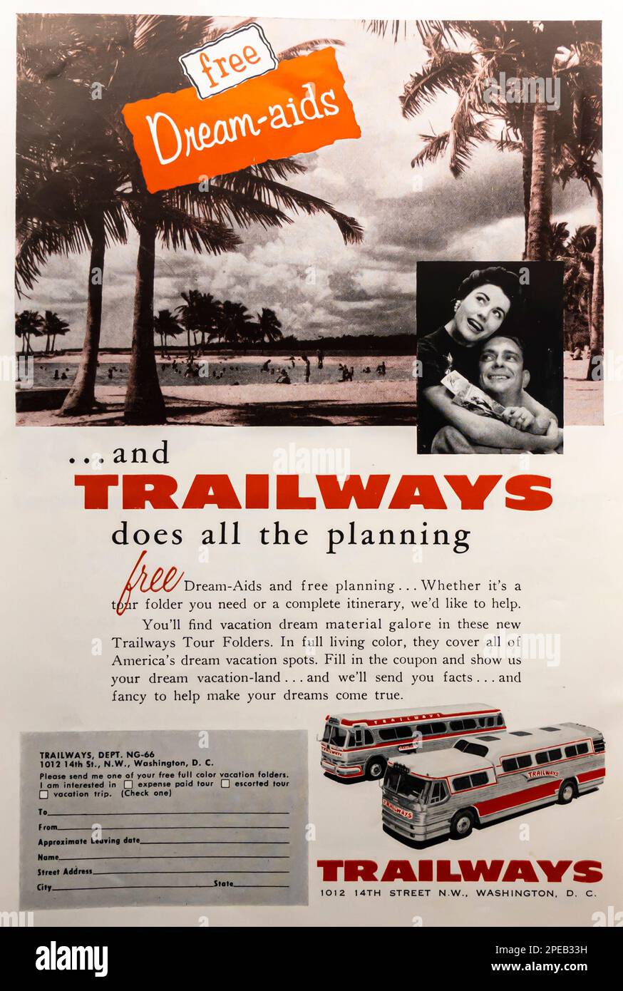 Trailways Dream-Aids Bus Travel Werbung in einem NatGeo Magazin Juni 1956 Stockfoto