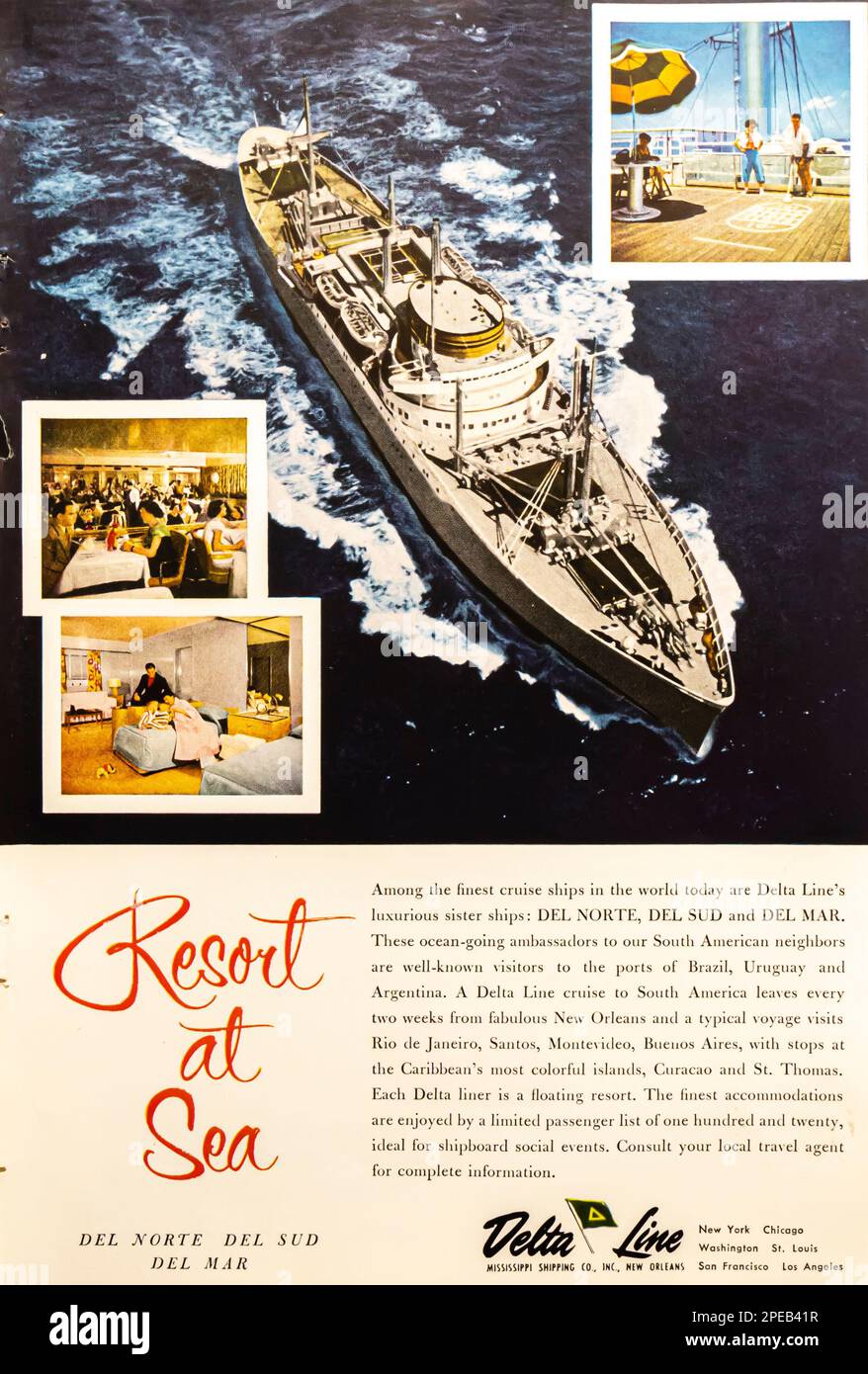 Kreuzfahrtanzeige Delta Line in einem Magazin in NatGeo, Juli 1956 Stockfoto