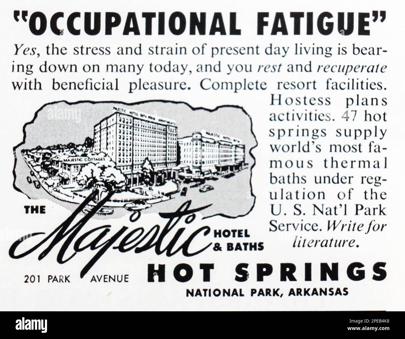 Reisewerbung für den Nationalpark Arkansas mit heißen Quellen in einer Zeitschrift NatGeo im Juli 1956 Stockfoto