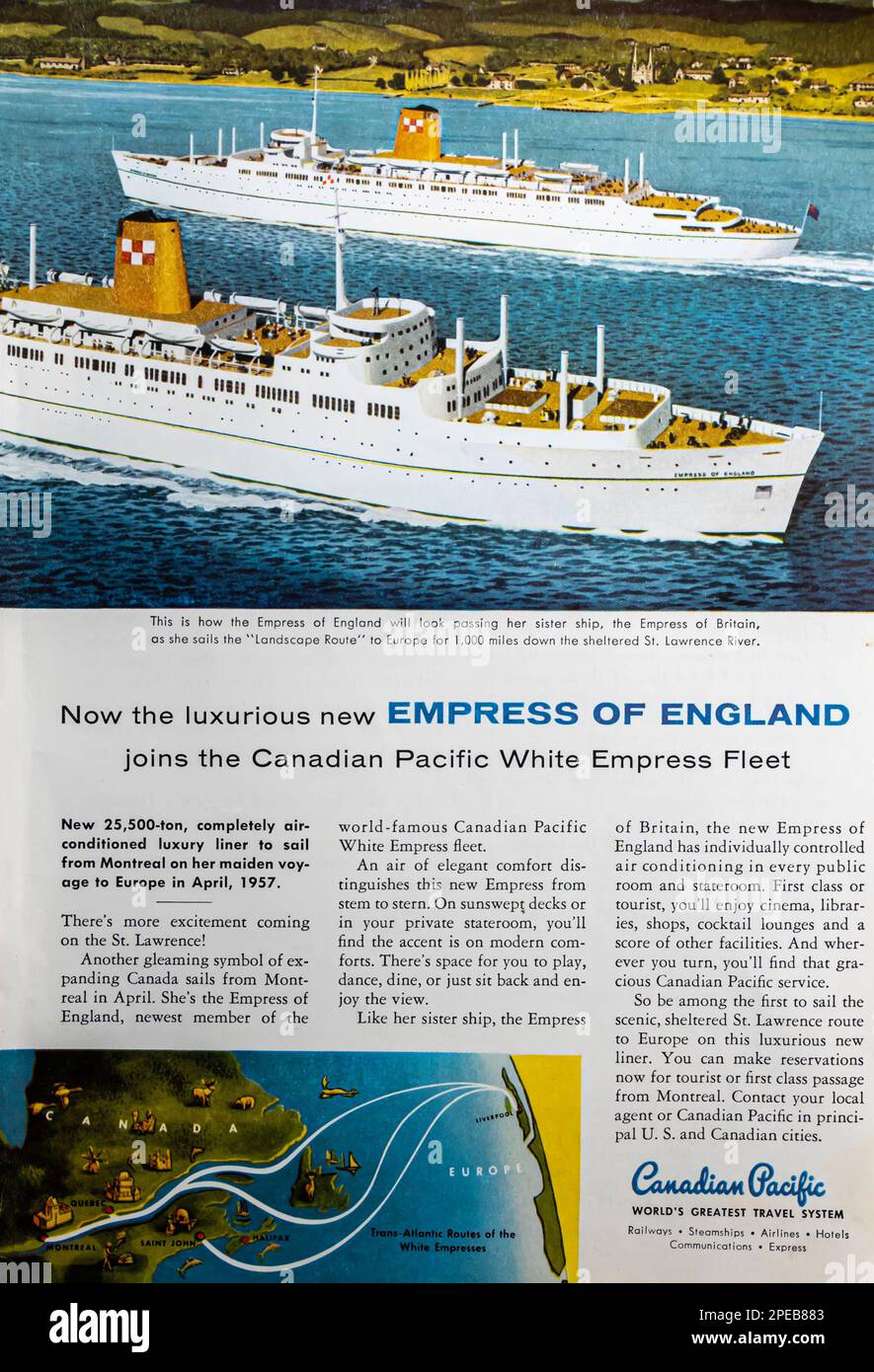 Anzeige für Reisesystem im kanadischen Pazifik in einem Magazin in NatGeo September 1956 Stockfoto