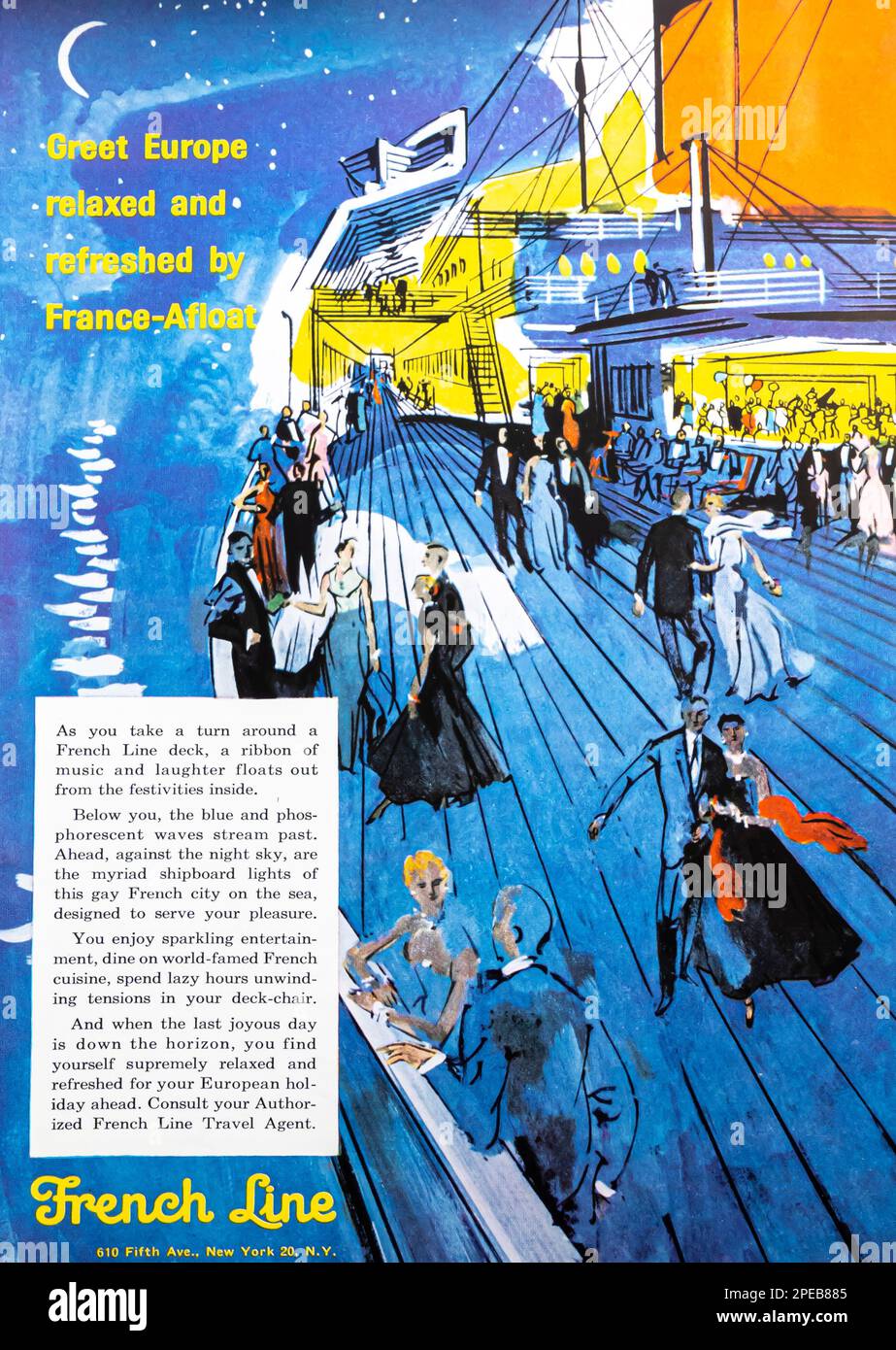 Werbung für Kreuzfahrten mit French Line in einer Zeitschrift in NatGeo, September 1956 Stockfoto