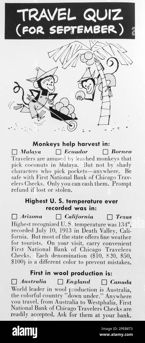 Reise-Quiz in einem NatGeo Magazin September 1956 Stockfoto