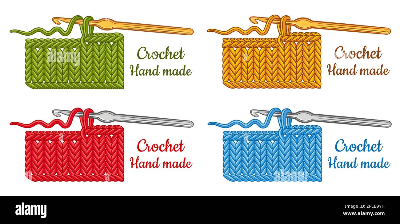 Häkelstricken handgemachtes Muster, Häkelhaken mit Baumwolle, Wollgarn, Strickmode-Ikone. Handgefertigte Textilien, Handarbeit Hobby. Vektor Stock Vektor