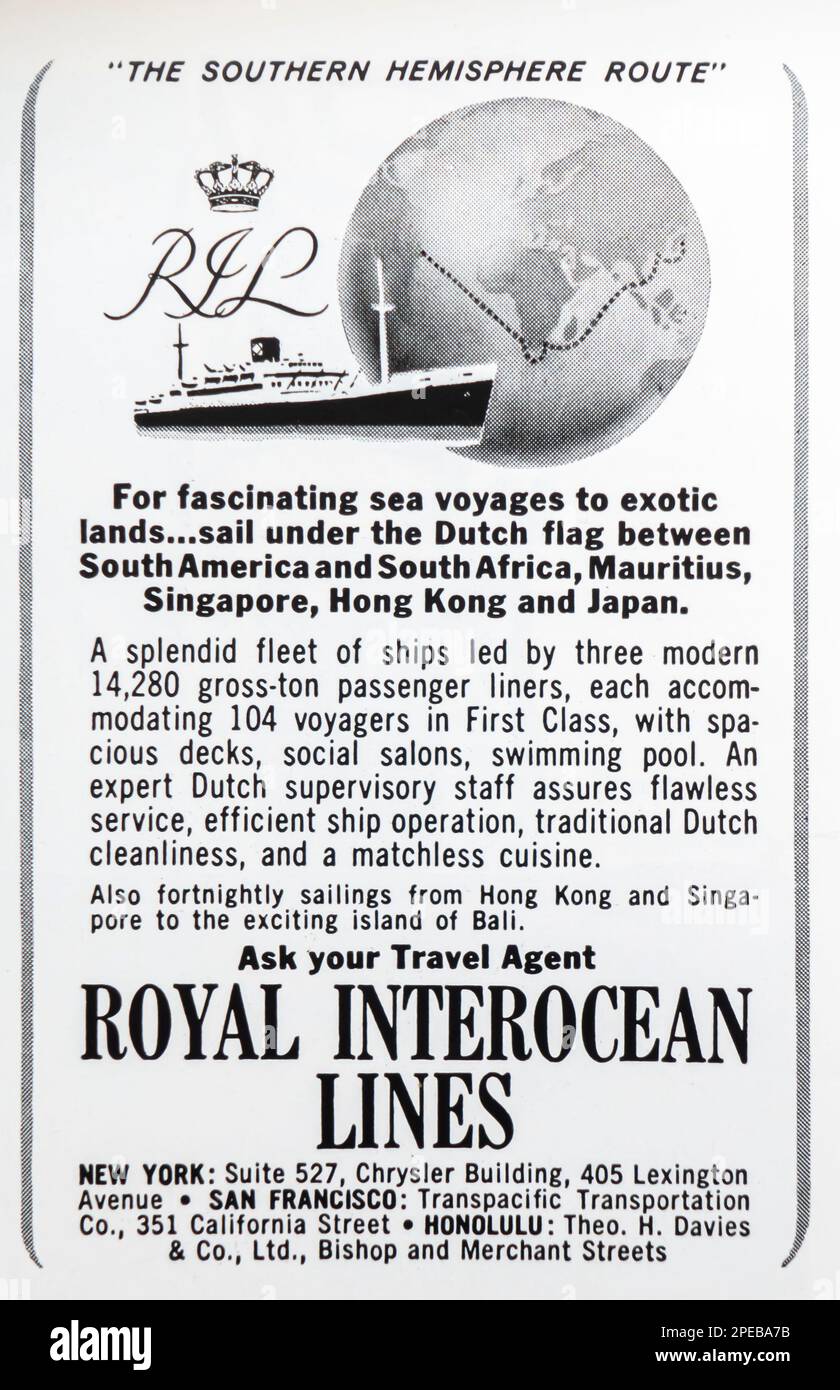 Royal interocean Lines Werbespot in einem Magazin in NatGeo September 1956 Stockfoto