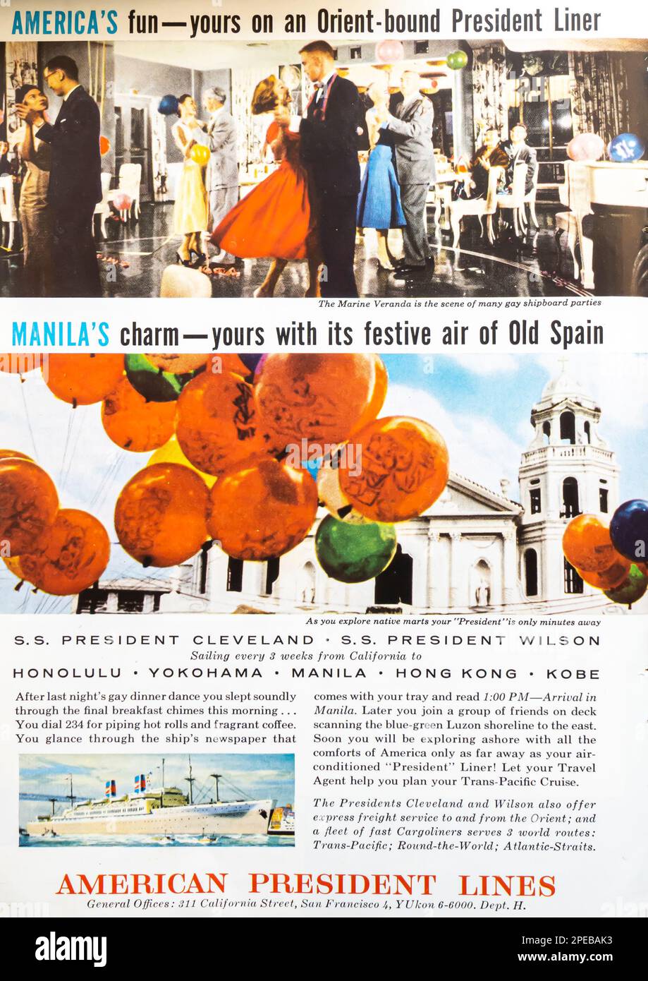 1956 American President Lines Cruise Ad - SS President Cleveland, SS President Wilson Stockfoto